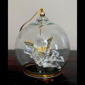 Glass Bell Angel with Violin Christmas Ornament Clear Acrylic Gold Wings Cherub